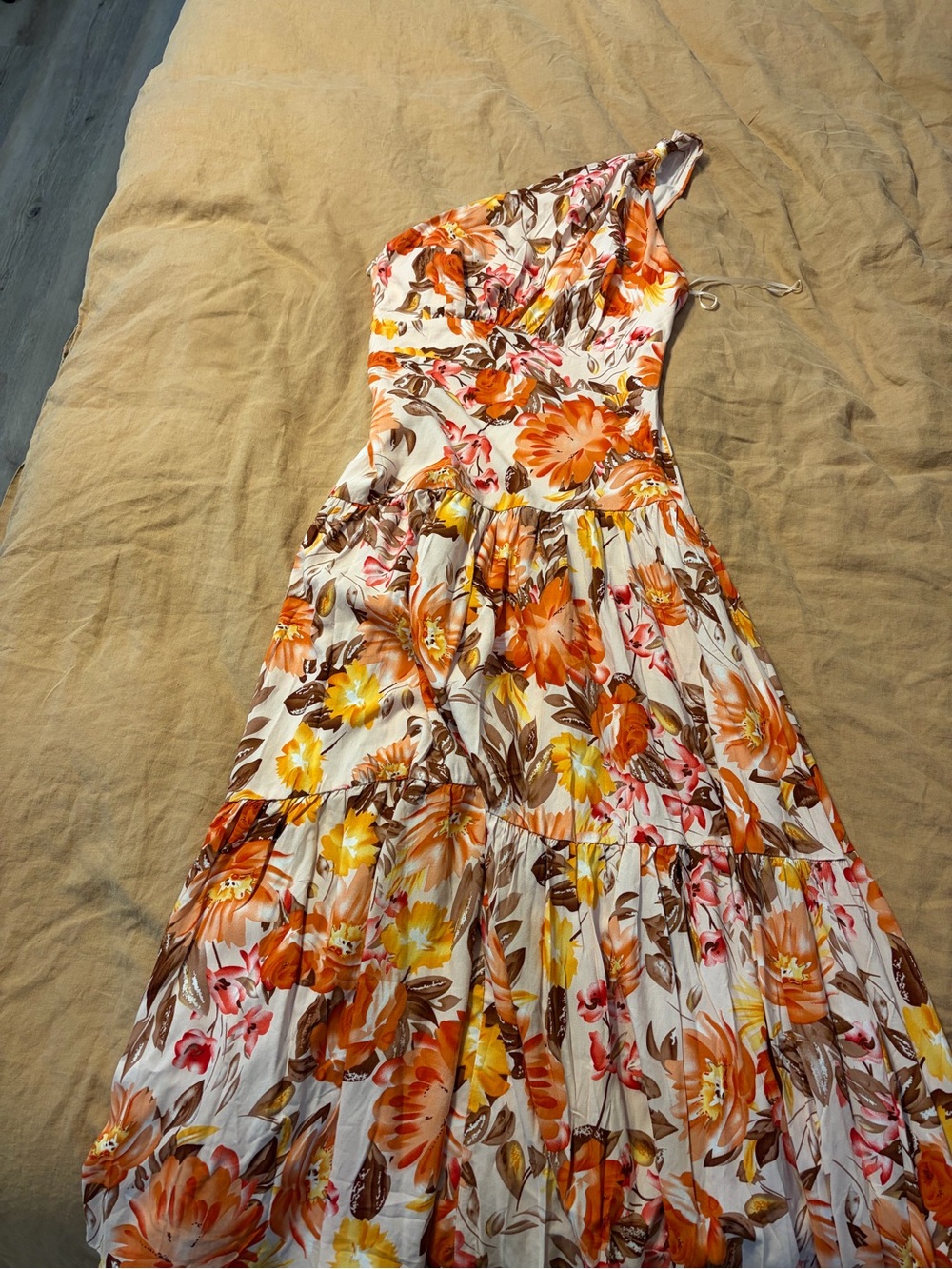 Petal & Pup One-Shoulder Floral Midi Dress in Orange, Yellow, Brown